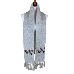 Royal Collection Gray Wool Knit Scarf Floral Embroidered Fringe